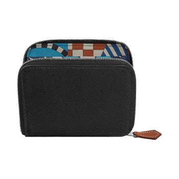 HERMES Silk'In Epsom Calfskin Wallet Women's Black/Marine Blue/Weimar Beige