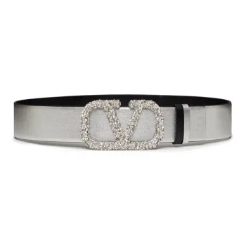 Valentino Double Sided Label Smooth Buckle Leather Belts Women's Gray Width 4cm