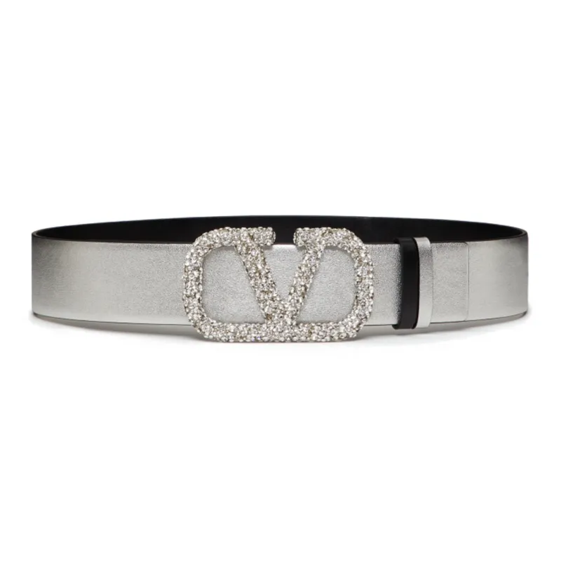 Valentino Double Sided Label Smooth Buckle Leather Belts Women's Gray Width 4cm-0