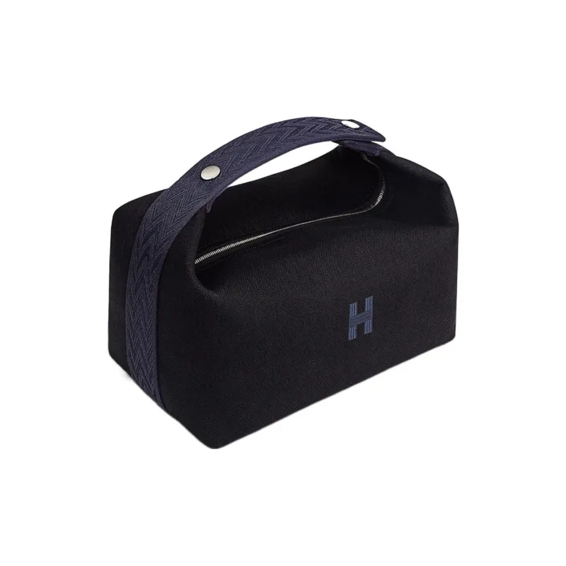 HERMES Bride a Brac H Militaire Canvas Handbag Makeup Bag Toiletry Bag Large Size Unisex Black/Midnight Blue-0