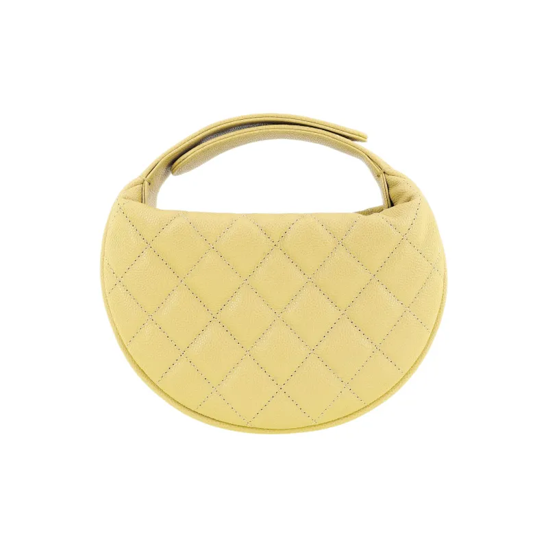CHANEL Grain Litchi Cow Leather Crescent Bag Clutch Handbag Mini Women's Yellow-2