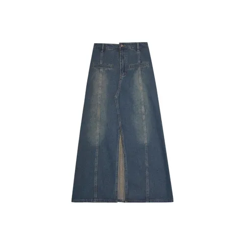 Painting system Denim Long Skirts Women's Dark Blue