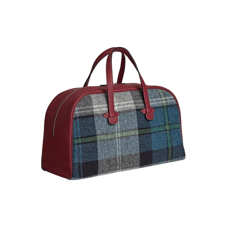 HERMES Herringbone Canvas With Evercolor Calfskin Handbag Regular Unisex Malta Blue/Hermes Red-1