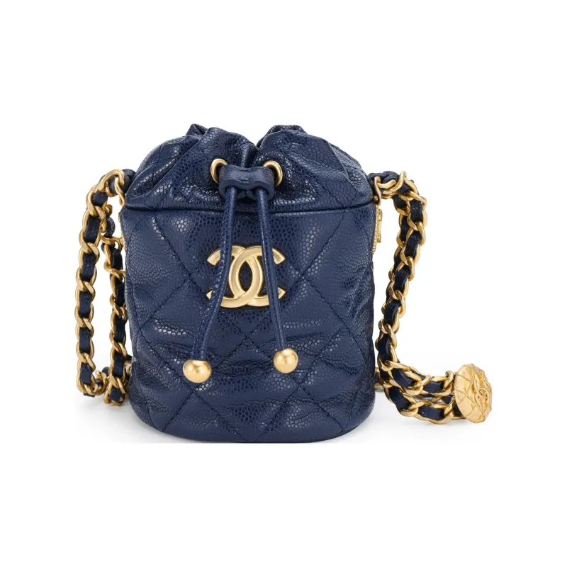CHANEL 22A Early Autumn Grain Embossed Cow Leather Bucket Bag, Crossbody Bag Mini Women's Blue-0
