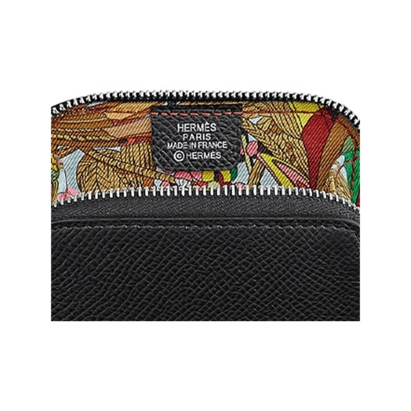 HERMES Silk'In Epsom Leather With Silk Lining Wallets Coin Purses Women's Black-2