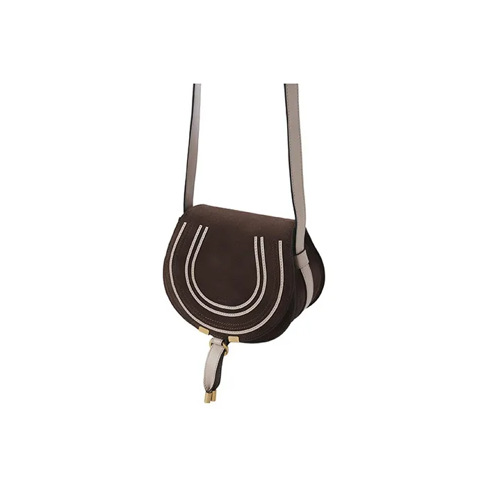 Chloe Marcie Suede Patchwork Calfskin Saddle Bag Shoulder Bag Crossbody Bag Small Size Women's Brown/Gray-1