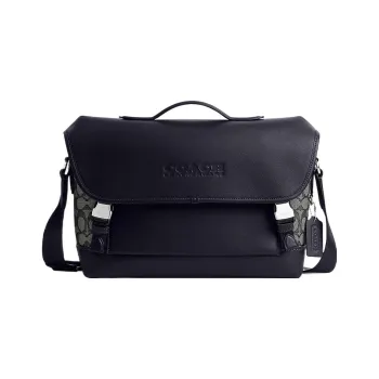 COACH League Jacquard With Calfskin Messenger Bag Handbag Shoulder Bag Crossbody Bag Large Size Men's Black