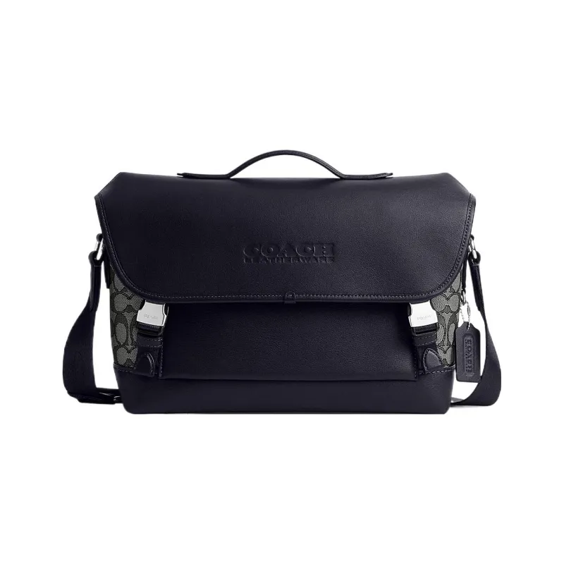 COACH League Jacquard With Calfskin Messenger Bag Handbag Shoulder Bag Crossbody Bag Large Size Men's Black-0