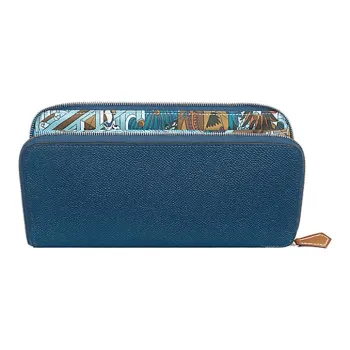 HERMES Silk'In Silk Lining Long Epsom Calfskin Wallet Women's Blue/Multicolor