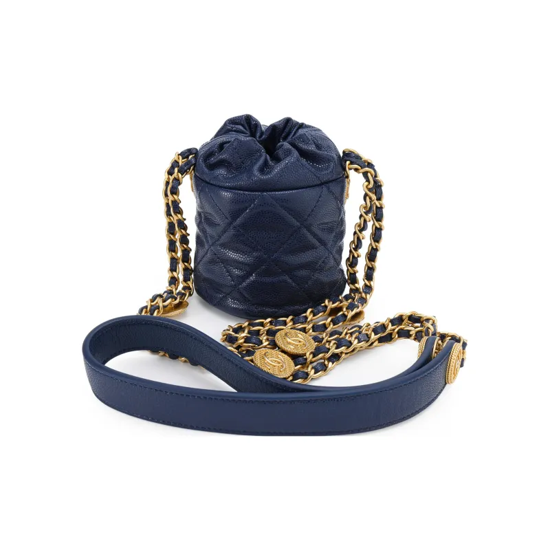 CHANEL 22A Early Autumn Grain Embossed Cow Leather Bucket Bag, Crossbody Bag Mini Women's Blue-2
