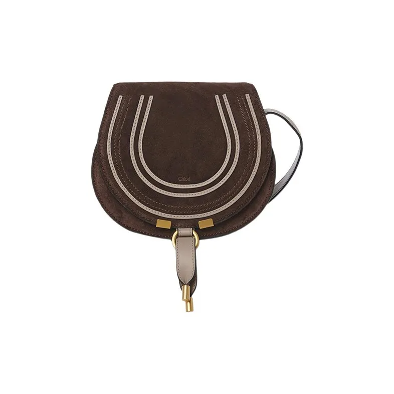 Chloe Marcie Suede Patchwork Calfskin Saddle Bag Shoulder Bag Crossbody Bag Small Size Women's Brown/Gray-0