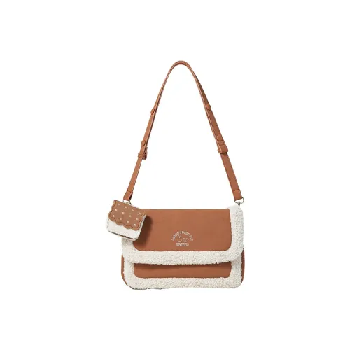 Miffy Lambswool Patchwork PU Messenger Bag, Small Square Bag, Plush Bag, Underarm Crossbody Bag Women's Brown/Ecru