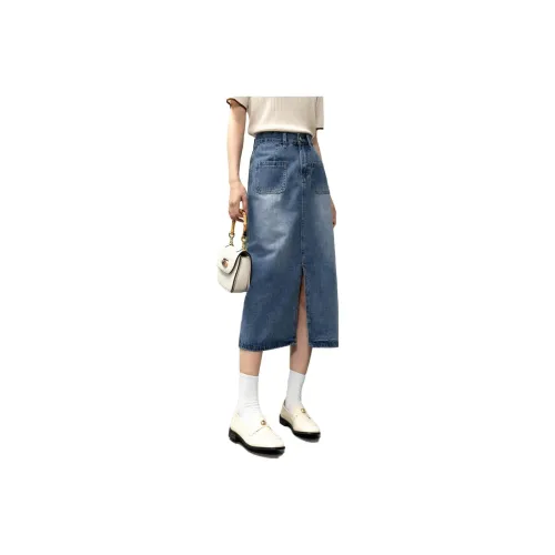 Painting system Denim Long Skirts Women's Blue