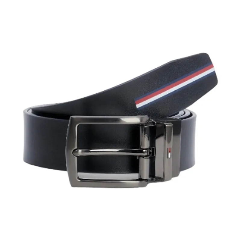Tommy Hilfiger Brand Logo Double-Sided Pin Buckle Leather Belts Men's Black Width 3.5CM-1