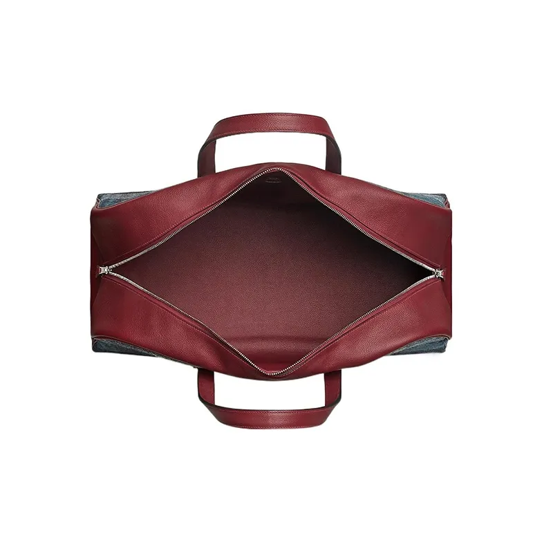 HERMES Herringbone Canvas With Evercolor Calfskin Handbag Regular Unisex Malta Blue/Hermes Red-3