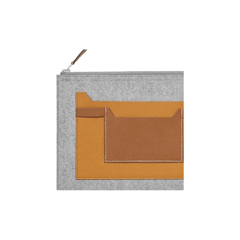 HERMES Toodoo Velvet And Epsom Calfskin Clutch Men's Light Gray/Orange/Brown-2