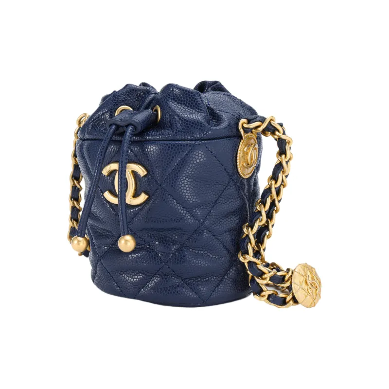 CHANEL 22A Early Autumn Grain Embossed Cow Leather Bucket Bag, Crossbody Bag Mini Women's Blue-1