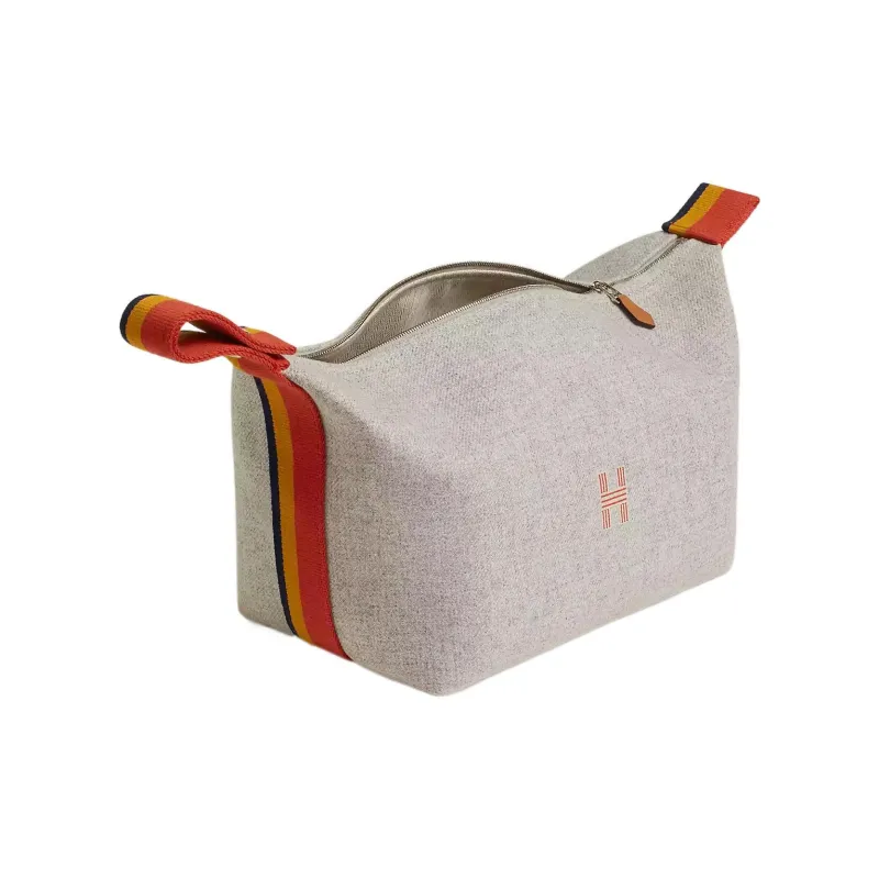 HERMES Bride-a-Brac Wool Travel Storage Bag Handbag Toiletry Bag Large Size Women's Gray-1