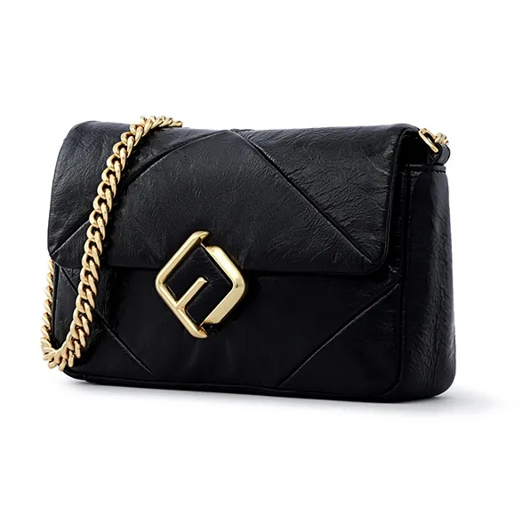 FION Top Grain Cow Leather Small Square Bag, Crossbody Chain Bag, Shoulder Bag Women's Black-5