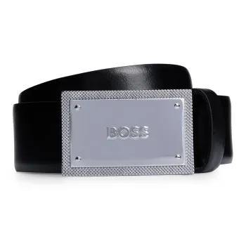 HUGO BOSS Brand Logo Plaque Smooth Buckle Leather Belts Men's Black Width  3.5cm