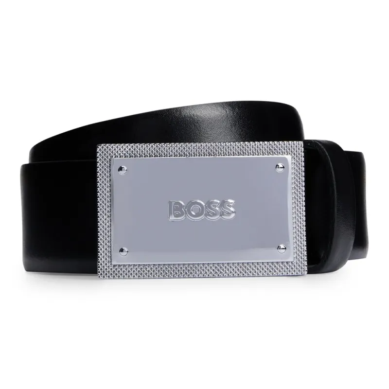 HUGO BOSS Brand Logo Plaque Smooth Buckle Leather Belts Men's Black Width  3.5cm-0