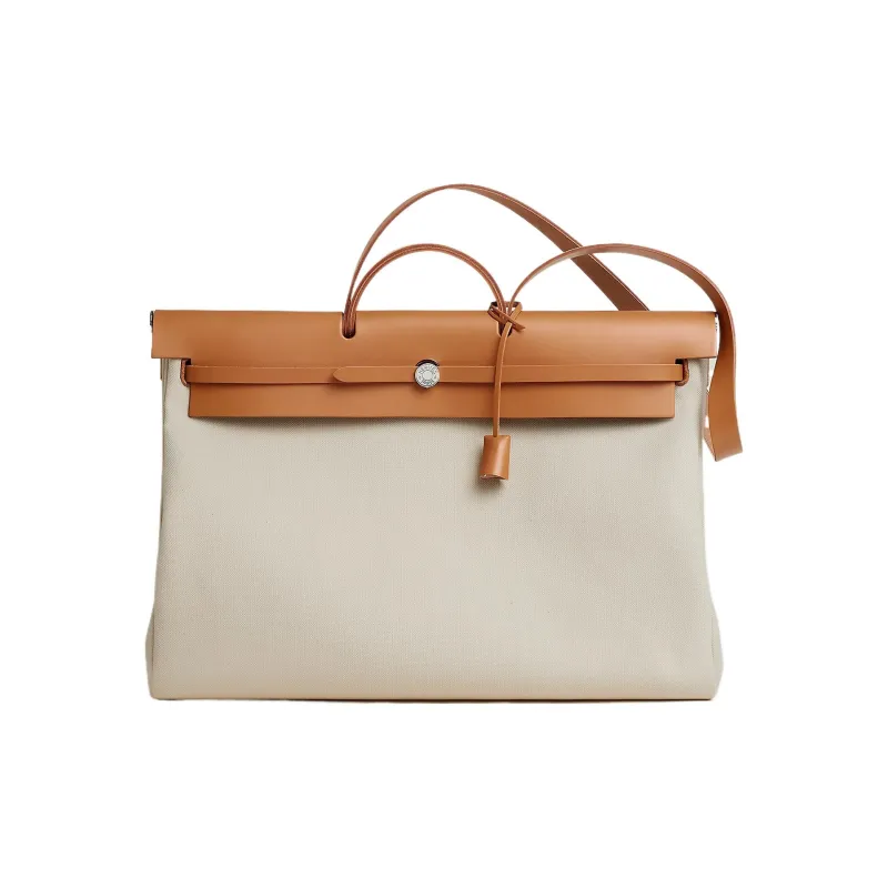HERMES Herbag Zip Canvas With Hunter Cow Leather One Shoulder Handbags Men's Concrete Gray/Light Tea Brown-0