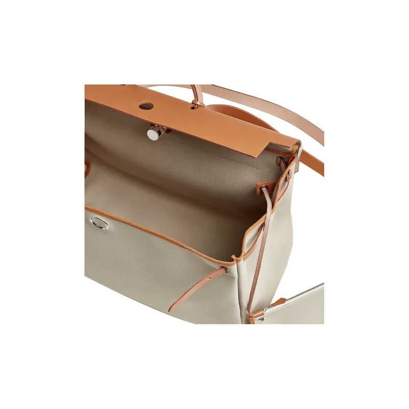HERMES Herbag Zip Canvas With Hunter Cow Leather One Shoulder Handbags Men's Concrete Gray/Light Tea Brown-3