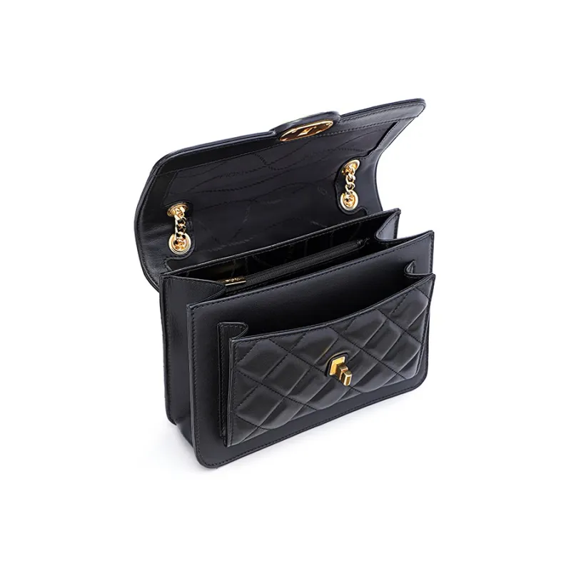 FION Top Grain Cow Leather Genuine Leather Small Square Shoulder Bag Crossbody Bag Shoulder Bag Women's Black-7