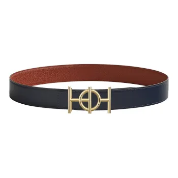 HERMES Gold Buckle Togo Calfskin Double-Sided Leather Belt Men's Marine Blue/Burnt Red Width: 3.8cm