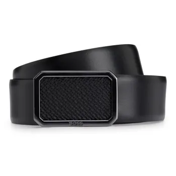 HUGO BOSS Floral Seal Ornament Smooth Buckle Leather Belts Men's Black Width 3.5CM