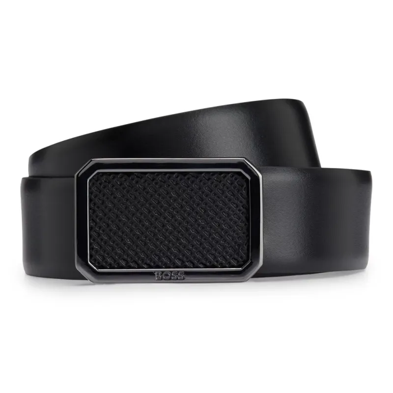 HUGO BOSS Floral Seal Ornament Smooth Buckle Leather Belts Men's Black Width 3.5CM-0