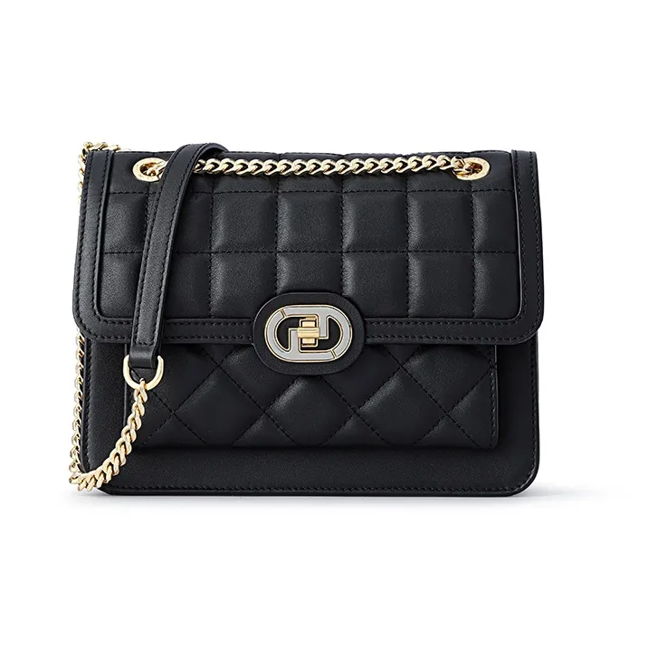 FION Top Grain Cow Leather Genuine Leather Small Square Shoulder Bag Crossbody Bag Shoulder Bag Women's Black-0