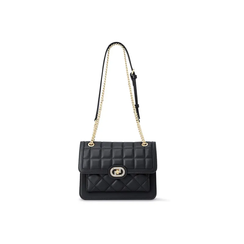 FION Top Grain Cow Leather Genuine Leather Small Square Shoulder Bag Crossbody Bag Shoulder Bag Women's Black-5