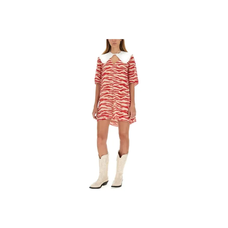 GANNI Zebra-Printed V-Neck Drop Shoulder Dress-2