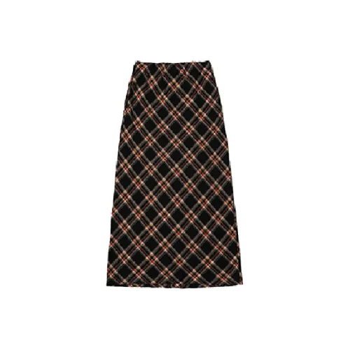 UNRETRO Casual Long Skirts Women's Black Background With Colorful Plaid