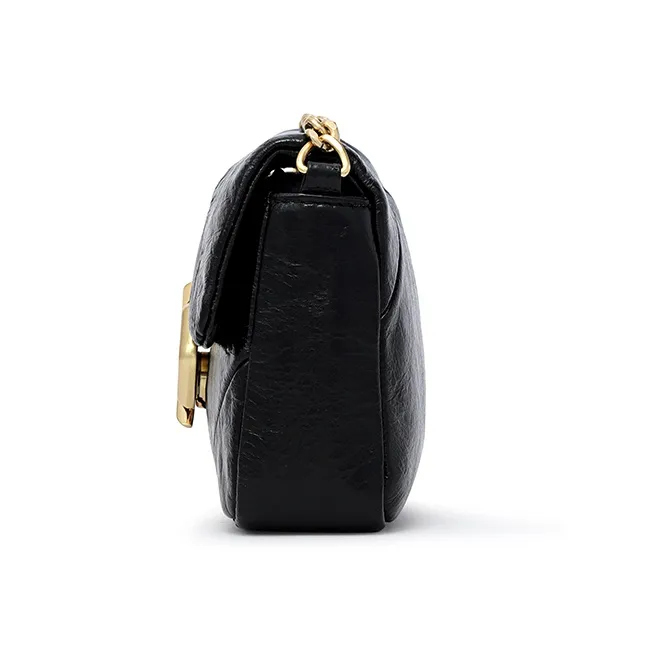 FION Top Grain Cow Leather Small Square Bag, Crossbody Chain Bag, Shoulder Bag Women's Black-4