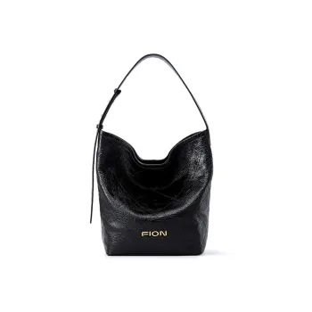 FION Cow Leather Bucket Bag, Underarm Handbag, Shoulder Bag Medium Size Women's Black