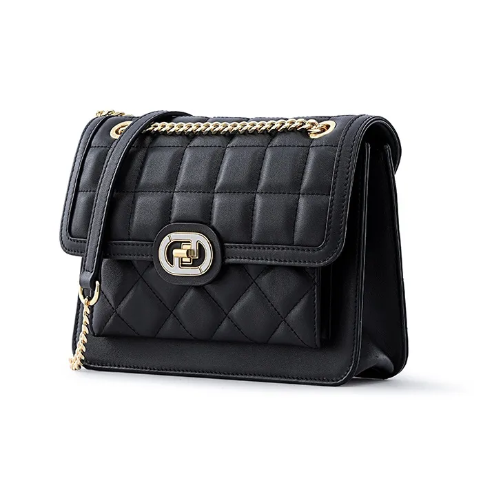 FION Top Grain Cow Leather Genuine Leather Small Square Shoulder Bag Crossbody Bag Shoulder Bag Women's Black-4