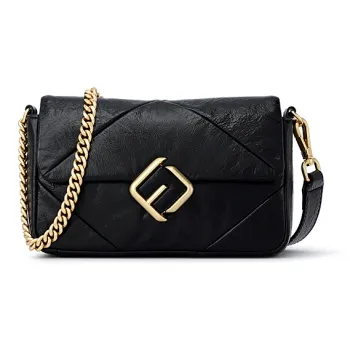 FION Top Grain Cow Leather Small Square Bag Crossbody Chain Shoulder Bag Women's Black