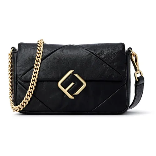 FION Top Grain Cow Leather Small Square Bag Crossbody Chain Shoulder Bag Women's Black