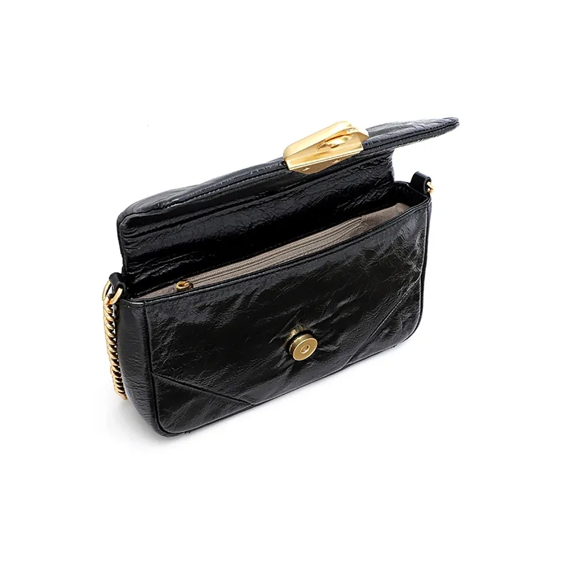 FION Top Grain Cow Leather Small Square Bag, Crossbody Chain Bag, Shoulder Bag Women's Black-2