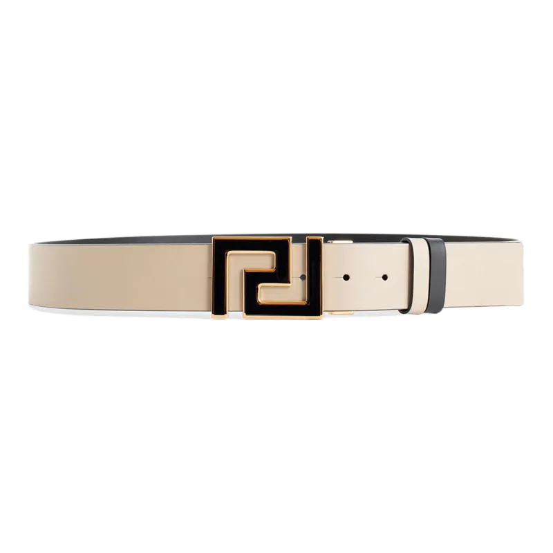 VERSACE Double Sided, Smooth Buckle Leather Belts Men's Beige Width 4cm-0