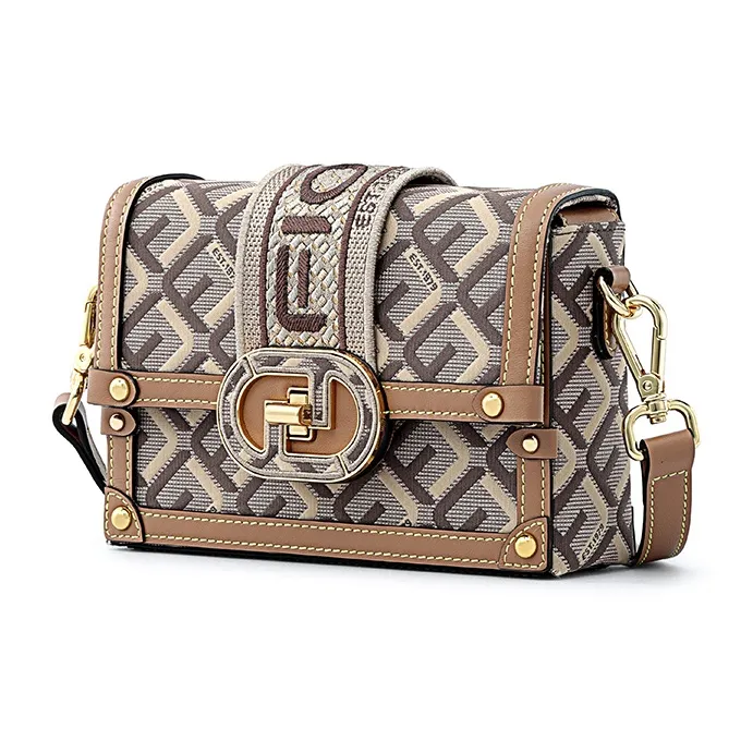 FION Fabric Small Square Bag Shoulder Bag Women's Coffee-2