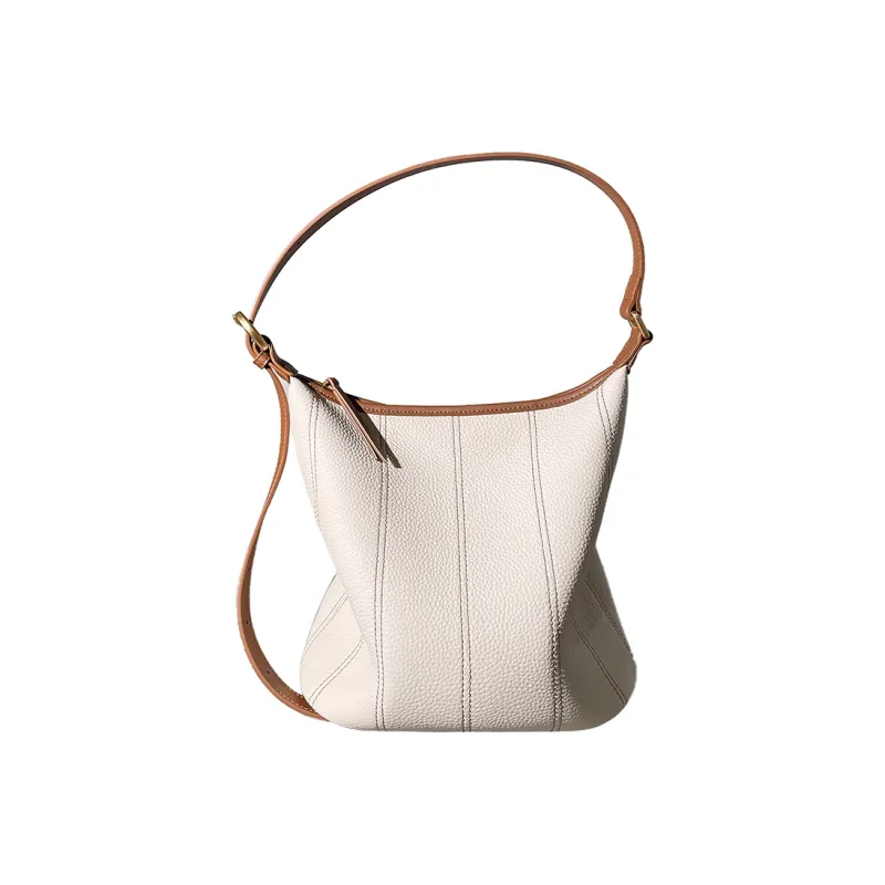 AJ AOIRJ Cow Leather Bucket Bags Shoulder Bags Medium Size Women's Salt Khaki/White & Brown/Black/Caramel Brown-3