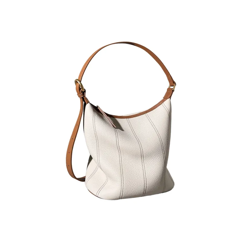 AJ AOIRJ Cow Leather Bucket Bags Shoulder Bags Medium Size Women's Salt Khaki/White & Brown/Black/Caramel Brown-4