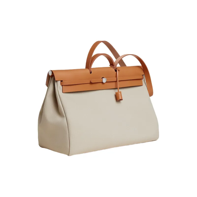 HERMES Herbag Zip Canvas With Hunter Cow Leather One Shoulder Handbags Men's Concrete Gray/Light Tea Brown-1