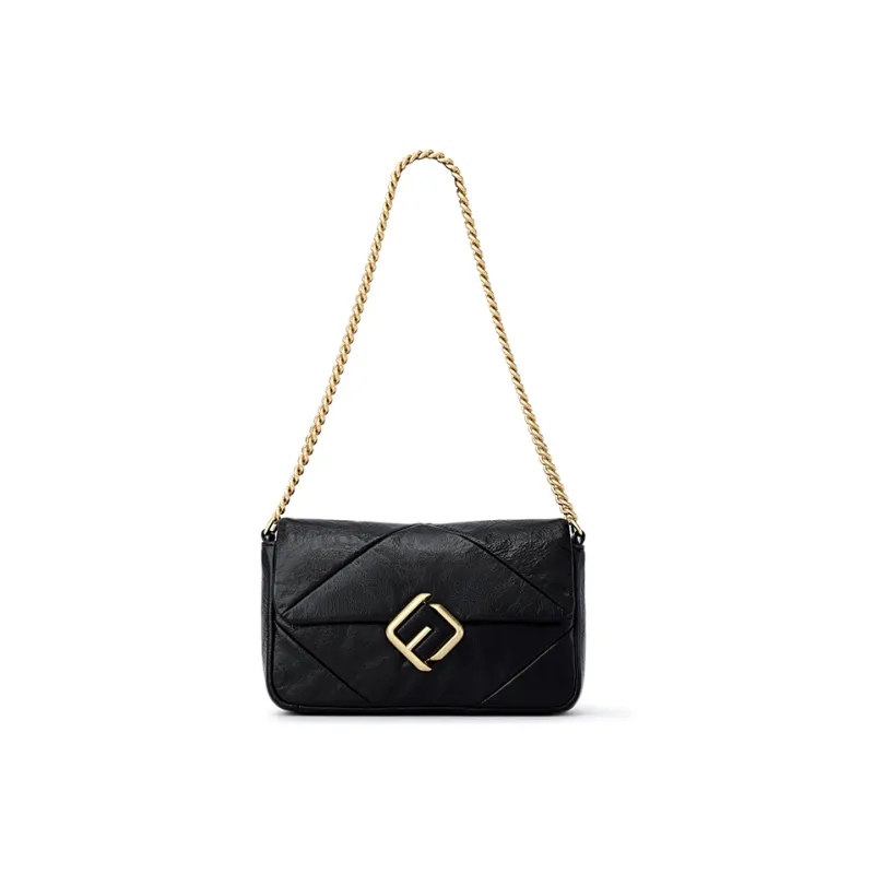 FION Top Grain Cow Leather Small Square Bag, Crossbody Chain Bag, Shoulder Bag Women's Black-6