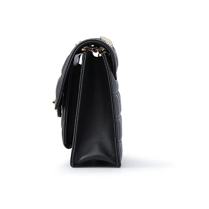 FION Top Grain Cow Leather Genuine Leather Small Square Shoulder Bag Crossbody Bag Shoulder Bag Women's Black-3