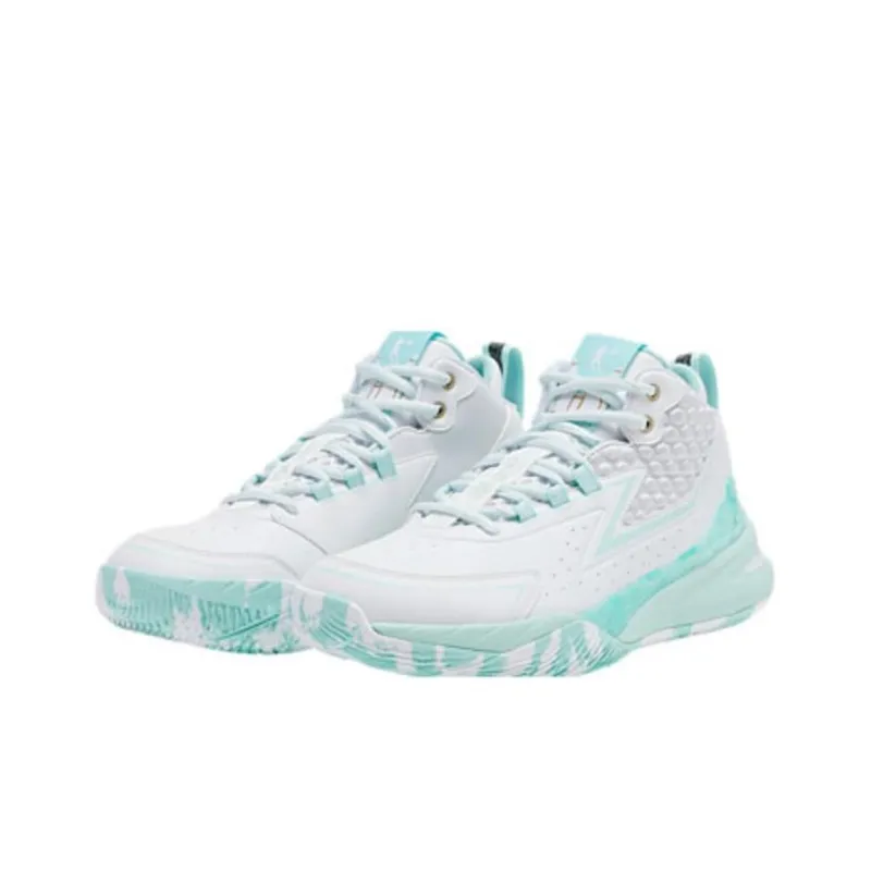 QIAODAN Anti Slip Wear Resistant Mid Top Basketball Shoes Men's Jordan White Sky Blue-2