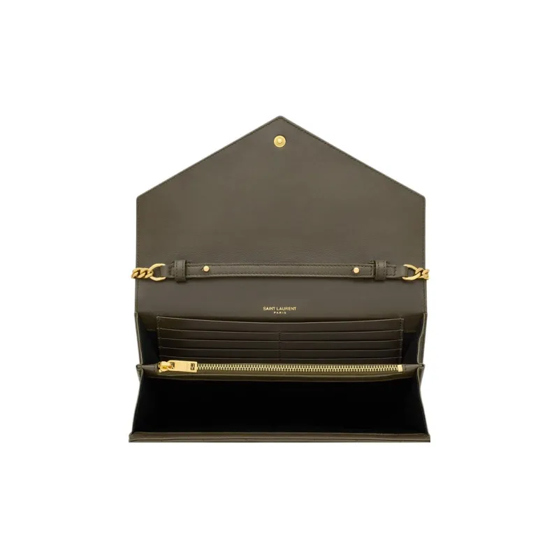 SAINT LAURENT Lambskin Wallet, Crossbody Bag, Shoulder Bag Women's Green-5